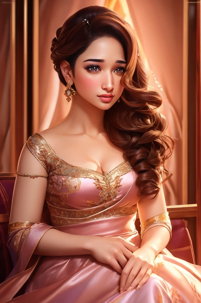 A stunning hyper realistic character portrait of a beautiful tamannah bhatia, expressive hyper detailed eyes, full hyper detailed lips, wavy brown hair, square face, incomprehensible beauty, wearing a satin night dress, sensual allure