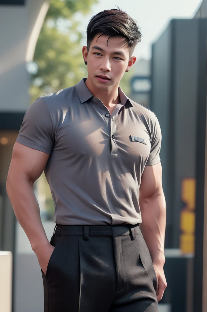 (armface:1.3) , Handsome man standing with his mouth open, (have a mustache:0.8) , (short hair:1.2), The forearms are muscular., (Collared shirt with buttons:1.2), (Grey shirt:1.3), (Wet shirt:1.3),black pants, Big muscles, Handsome and muscular, full body angle, (mall:1.5) ,(Blurred background:1.5)