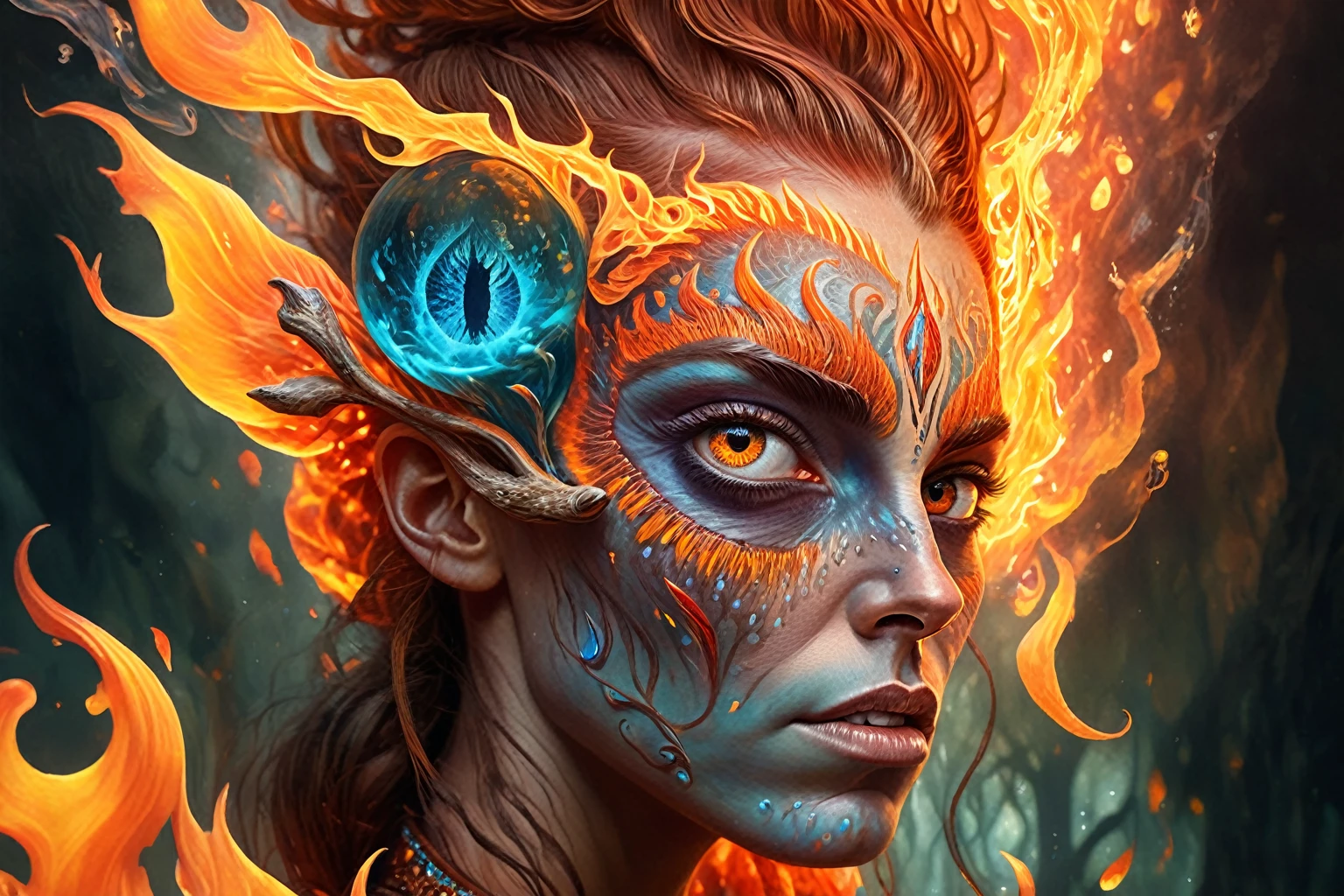 (best quality:1.5), (hyperrealism:1.3), (intricate emotional details:1.5), (ultra detailed), (sharp focus), (sharp details), detailed digital illustration of a Fire genasi with flames dancing in their hair and eyes (Pointing upward, aspirational direction) in  a Waterworld with floating biospheres linked, Western,  fracolor