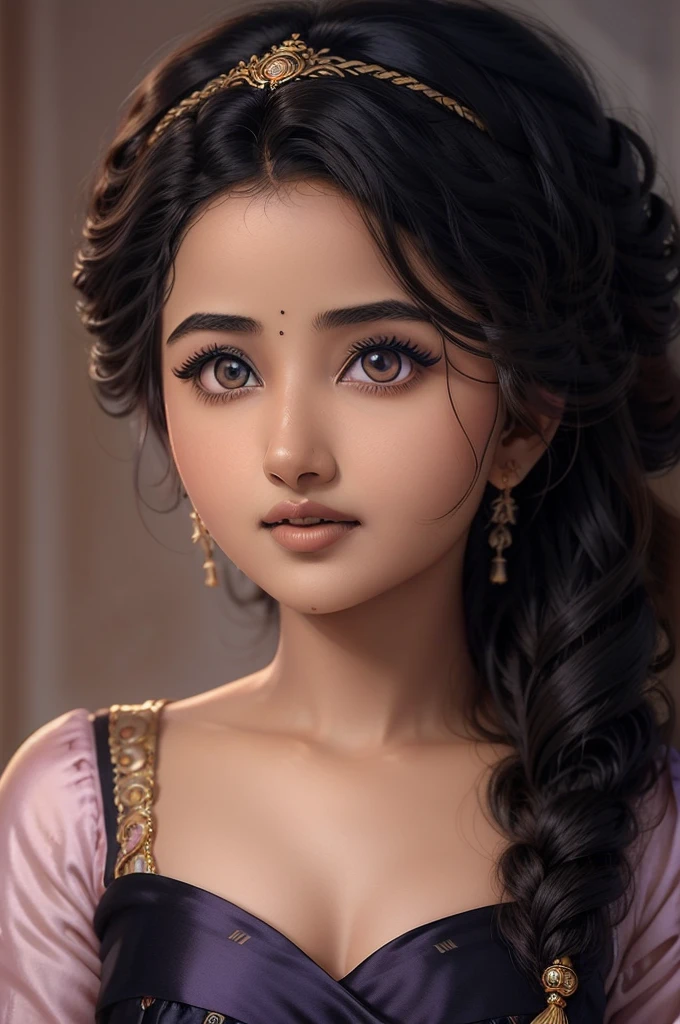 A stunning hyper realistic character portrait of a beautiful anupama parameswaran, expressive hyper detailed eyes, full hyper detailed lips, wavy black longest hair , princess braided hair, square face, incomprehensible beauty, wearing a satin night dress, sensual allure