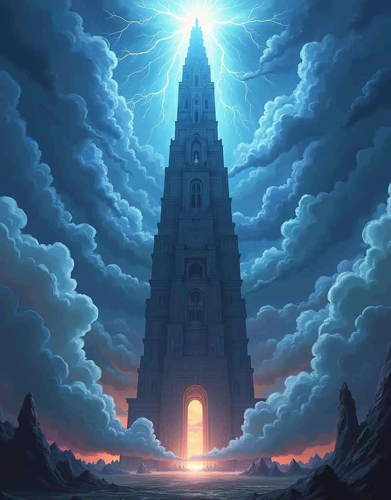 (Highest quality,Extremely detailed depiction,Incredible high resolution),ancient architecture,Tower of Babel:1.5,A tower reaching to the sky,Wrath of God,thunder,High quality anime drawings