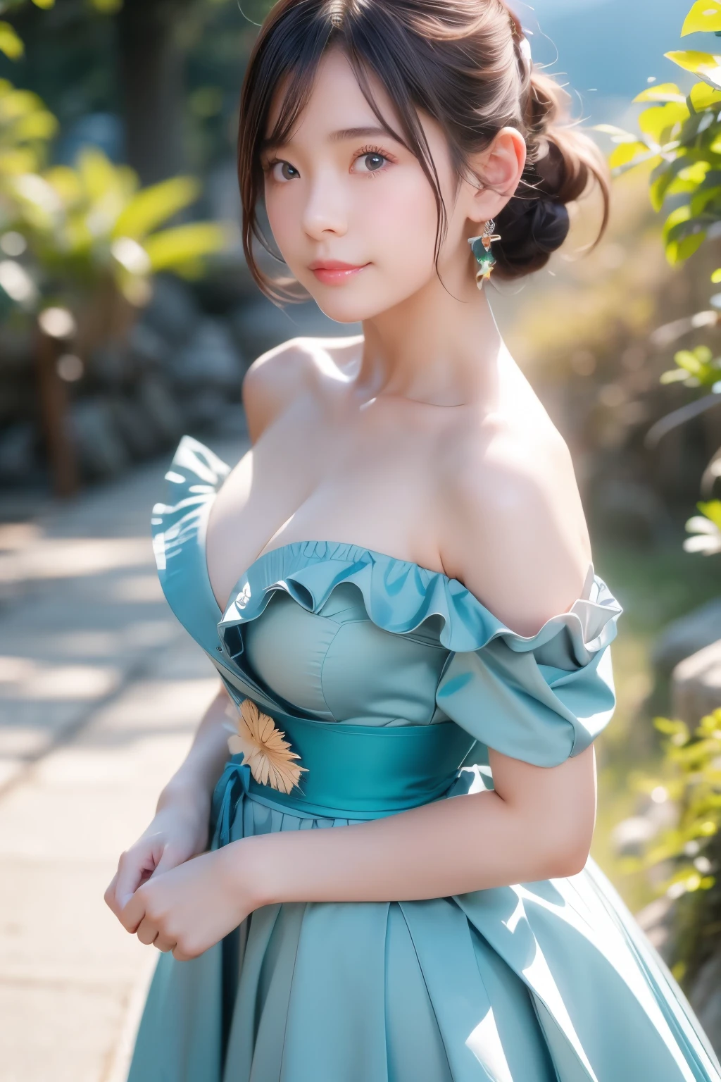 ((Top Quality)),((Amazing)),((Detailed),((Japanese)),,Girl,Ultra-realistic,Stunning environment,Vivid colors,((Off-the-shoulder)),((Ruffles)),Black hair,(Bob hair),Cowboy shot,Medium bust,Blue eyes,((Looking out of frame)),((Outdoors)), ((Foliage)),Single woman,((Half-smiling)),Ultra-realistic,(Cleavage emphasis),​​ ((Mountain village)),((Extreme close-up)),