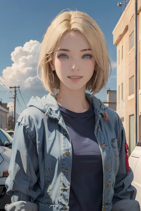 1 girl, alone, android 18, blonde hair, blue eyes, short hair, decorations, earring, smile, jacket, look to the side, denim, den...