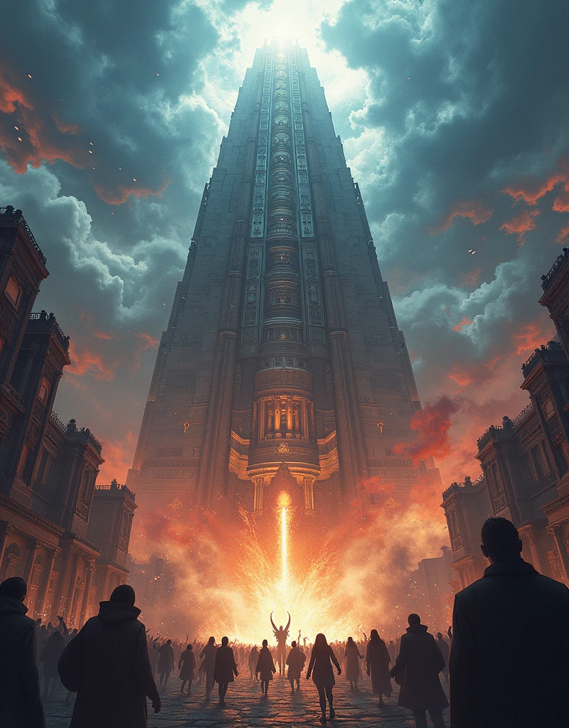 (Highest quality,Extremely detailed depiction,Incredible high resolution),ancient architecture,Tower of Babel:1.5,A tower reaching to the sky,Wrath of God,thunder,High quality anime drawings