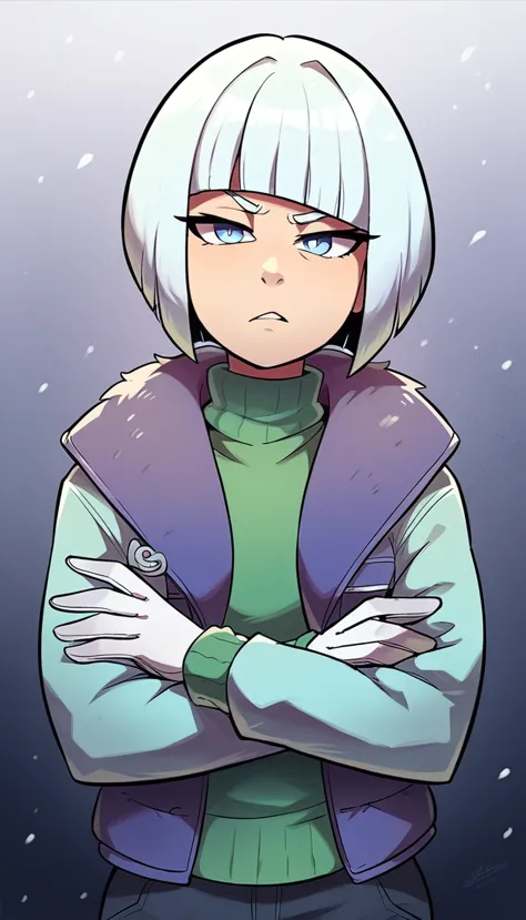 kizi, chestnut hair, short hair bob cut, with bangs, purple snow jacket with green sweater inside, hands crossed, slightly serio...