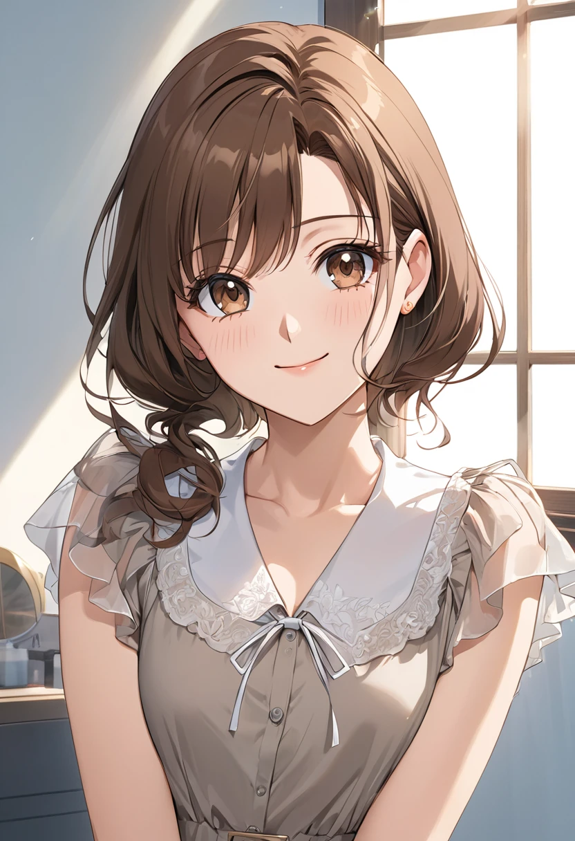 Masterpiece, High qualityสุด, high resolution, Women wearing short dresses、brown hair、brown eyes、lovely woman、beautiful、shine、My eyes fell.、Transparency、detailed face、（High quality）、long、smile、Innocent、Anime