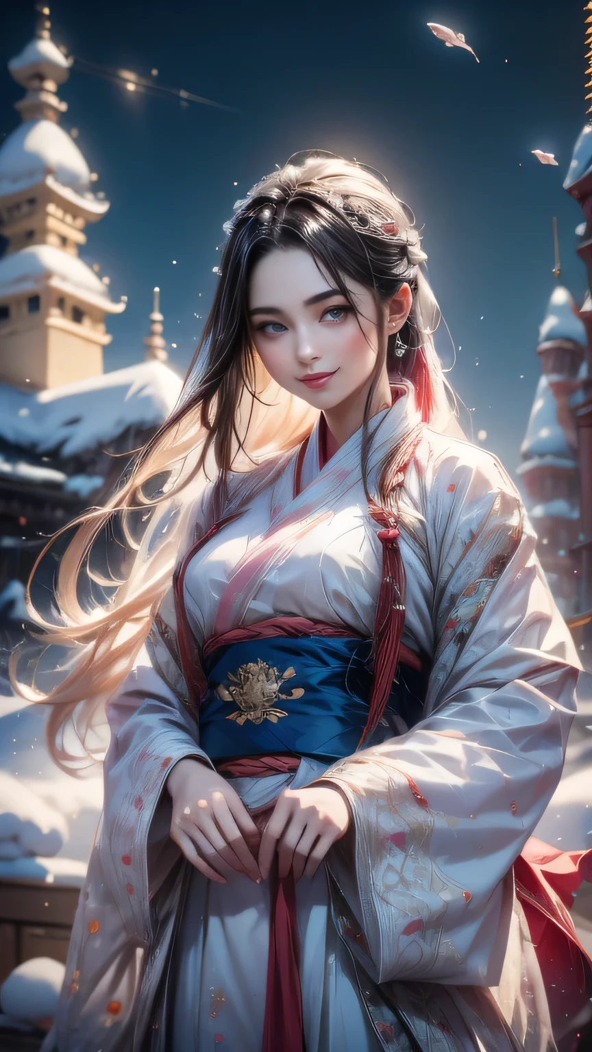 Best quality, 4K picture quality, 1girl, white Hanfu, snow, long hair fluttering in the wind, healing smile, large aperture, blurred background