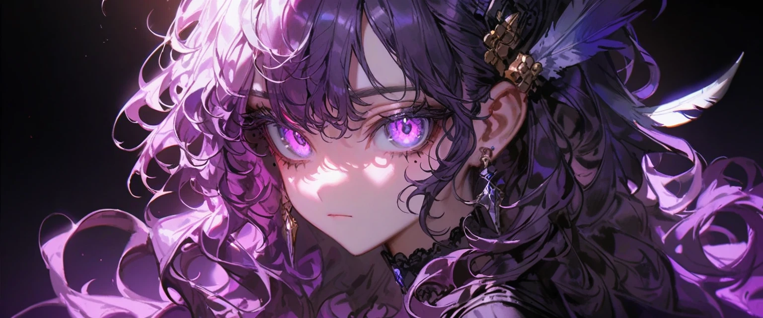 (close up, portrait, eyes focus, face focus), masterpiece, best quality, very aesthetic, absurdres, extremely detailed, (quasarcake:1.2), (((detailed lighting, rendered, perfect hair, detailed face and body))),

1girl, solo, long hair, breasts, looking at viewer, hair ornament, dress, jewelry, closed mouth, purple eyes, upper body, purple hair, earrings, wings, choker, mole, black dress, from side, gradient, looking to the side, gradient background, eyelashes, mole under eye, glowing, wavy hair, feathers, black background, glowing eyes, light particles, purple background, feather hair ornament, dark background