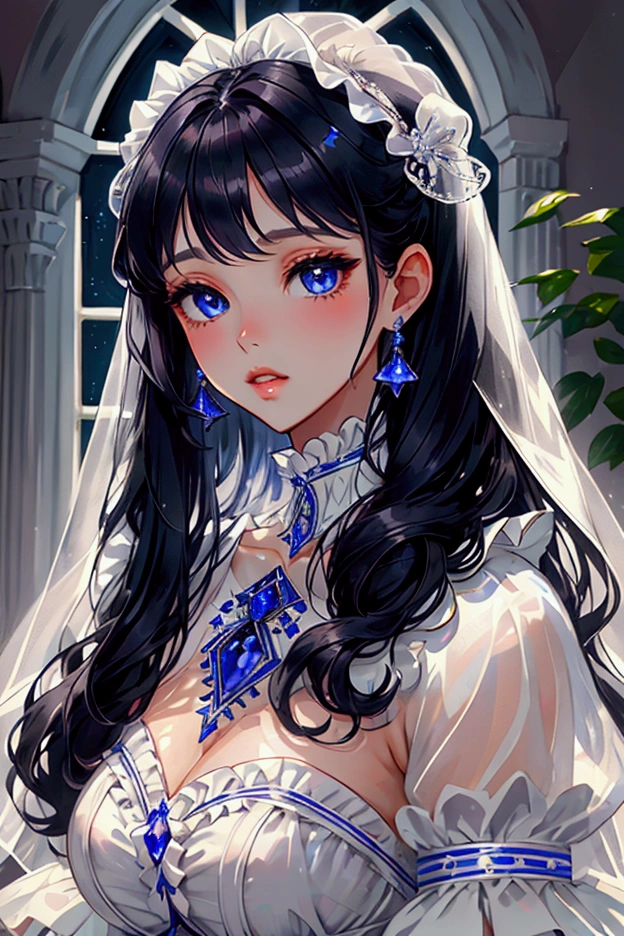 1 girl, tanzanite eyes, very long black hair,parted lips, cute, silky skin, (frills:1.1),  (leaning forward:0.1),  (window:0.9),  sharp focus, looking at viewer, close-up, upper body, (intricate:1.1), (light and bright white theme:1.1), (light white tone:1.1), (bright white tone:0.9), wedding dress, 