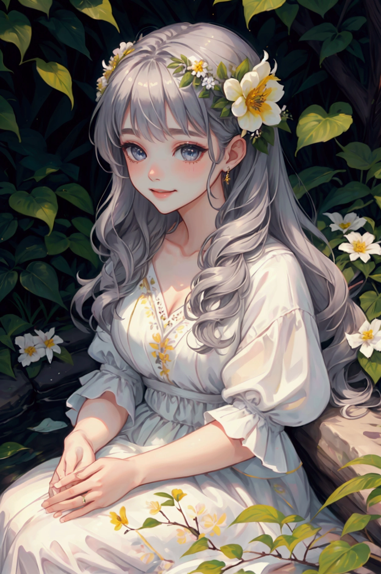 1girl, gray_hair, long_hair, golden_eyes, smiling, flowers_in_hair, white_dress, flowing_dress, sitting, outdoors, nature, soft_lighting, gentle_expression, intricate_design, elegant, serene_background, beautiful, ethereal, dreamy, masterpiece, ultra_detailed, detailed_eyes, peaceful_scene, greenery, floral_elements