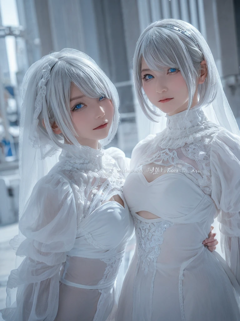 ((High quality)),masutepiece,(Detailed depiction of local details:1.2),1girl in,Blue eyes,large full breasts,Closed mouth,Eyelashes,Looking at Viewer,Portrait,Solo,Upper body,White hair,White theme,Short hair,Silver hair,shairband,Yorha No. 2 Type B,