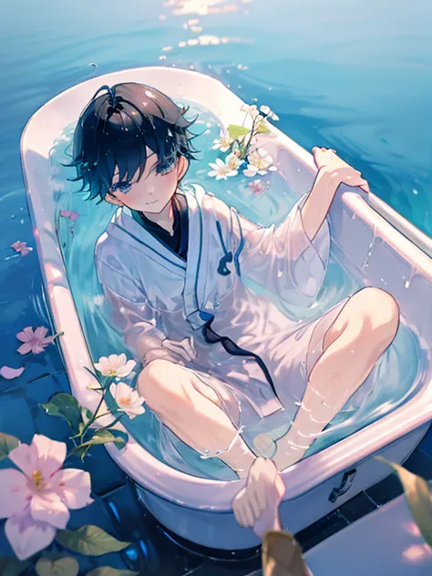 a young boy in a bath, boy submerged in a bathtub, water, flowers in the bathtub, colorful, beautiful, water, transparent feelin...