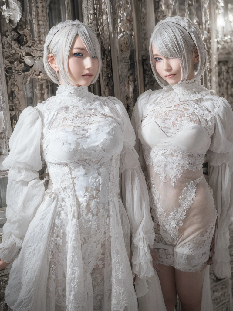 ((High quality)),masutepiece,(Detailed depiction of local details:1.2),1girl in,Blue eyes,large full breasts,Closed mouth,Eyelashes,Looking at Viewer,Portrait,Solo,Upper body,White hair,White theme,Short hair,Silver hair,shairband,Yorha No. 2 Type B,