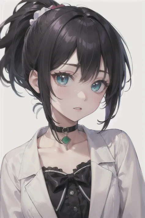 (highest quality)、(highest quality)、cute、(choker).eyes are emerald、(ponytail)、(black hair)、