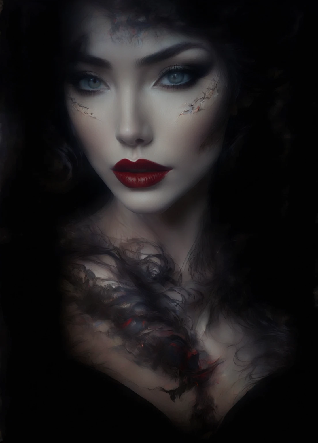 arafed woman with dark makeup and red lips in a dark room, portrait of a dark goddess, inspired by George Hurrell, dark hair and makeup, cinematic goddess close shot, sultry expression, sinister complexion, with haunted eyes and dark hair, 4 k glamour photography, portrait of megan fox as demon, vampire portrait, profile shot, portrait of a lady vampire