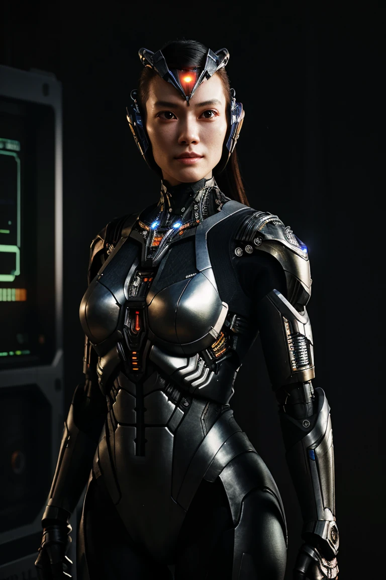 A breathtaking 3D render of a futuristic, superhuman female figure with Japanese influence. Her sleek, metallic body combineselements of humanoid, androids, cyborgs, robotic-computers, mechanical-humans, transformers, and even a touch of Terminator T-X. The combination of light and shadow creates a captivating visual experience, with intricate details and a unique charm. The artwork employs state-of-the-art techniques such as high dynamic range, ray tracing, NVIDIA's super resolution, Unreal 5, subsurface scattering, PBR texturing, post-processing, anisotropic filtering, and depth of field. Multi-layered textures with the highest clarity and brightness are used, along with albedo and specular maps, surface shading, and accurate simulations of light and material interactions. Perfect, 3d render, conceptual art, vibrant