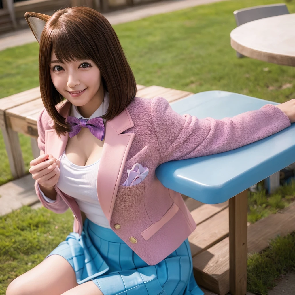 masterpiece, Highest quality, High resolution, Amagasaki, (Antenna Hair:1.2), Medium chest, Blue bow tie, Pink jacket, blazer, Long sleeve, Blue Skirt, Pleated skirt, Outdoor, Cowboy Shot, Sitting, smile, wave hands, Cleavage,blush,Nipples, Big Breasts,show 