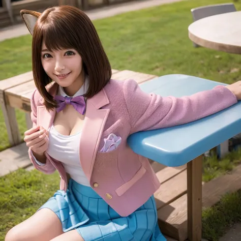 masterpiece, highest quality, high resolution, amagasaki, (antenna hair:1.2), medium chest, blue bow tie, pink jacket, blazer, l...