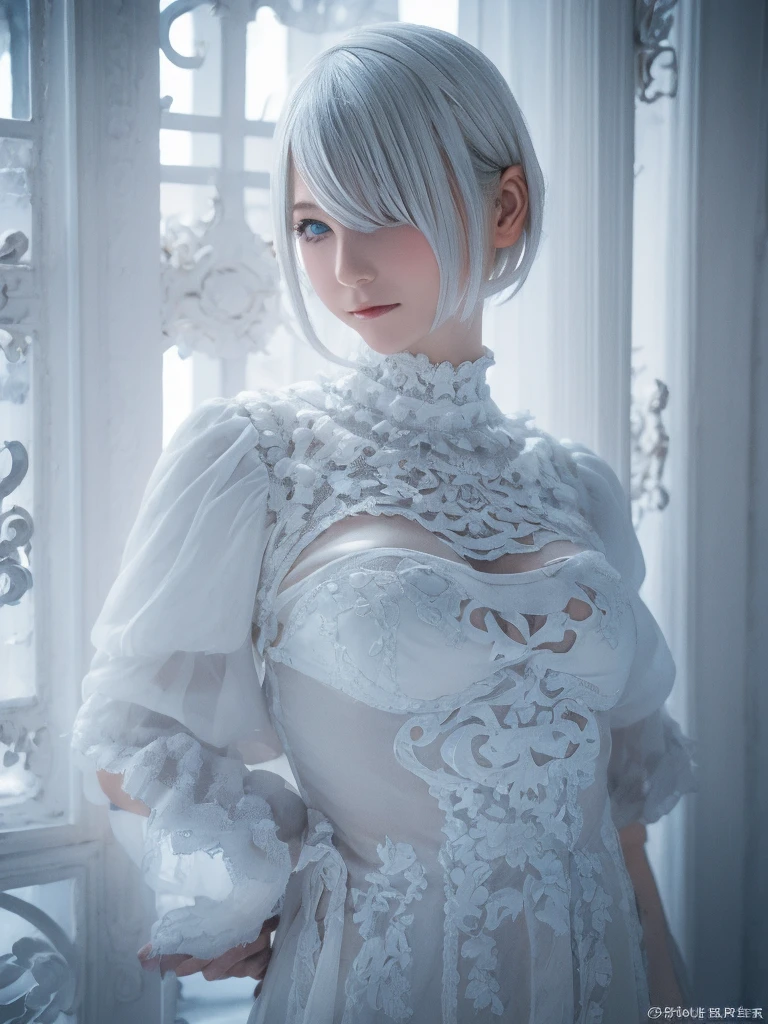 ((High quality)),masutepiece,(Detailed depiction of local details:1.2),1girl in,Blue eyes,large full breasts,Closed mouth,Eyelashes,Looking at Viewer,Portrait,Solo,Upper body,White hair,White theme,Short hair,Silver hair,shairband,Yorha No. 2 Type B,