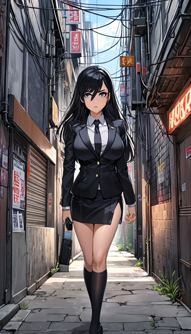 Highest quality、One woman, age 26、policewoman、Black Hair、Long Hair、Hanging eyes、Dark Eyes、Bangs between the eyes、Big Breasts、Black clothing、suit、Micro Mini Skirt、｛Black over-the-knee socks｝、Chest、clavicle、strong、Be vigilant、stand、Low eyebrows、Alley