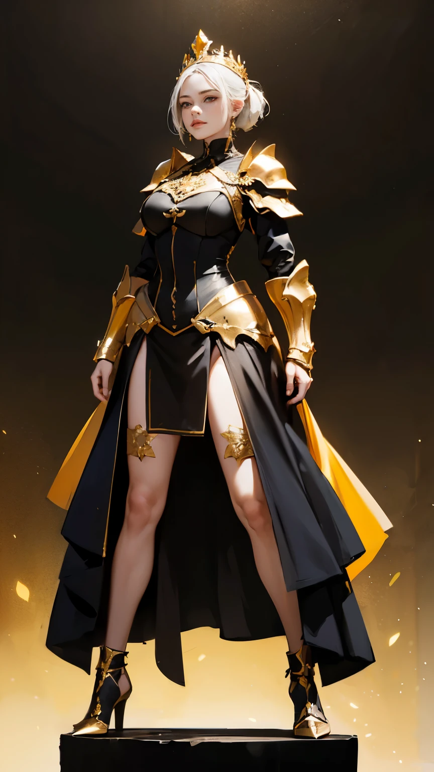 Dressed in black and gold、A busty woman from Arafed with a crown on her head, Black armor with yellow accents, Full Body Rendering, Full body shot super detailed, extra Detailed body, complete Detailed body, Detailed body, 2b ..., 2b, Character&#39;s whole body, Full body details, Highly detailed whole body, Includes upper body, Full body fairy