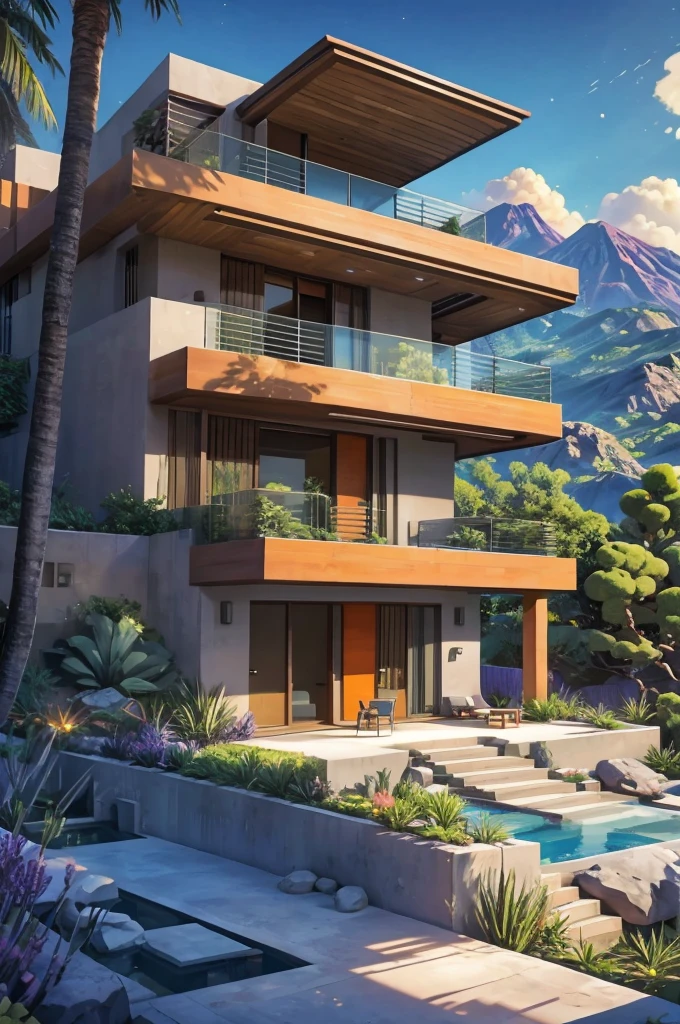 small and beautiful modern house in top of big boulders, terraces, pool, stairs, multiple cacti gardens, palms, trees, rocks, beautiful landscape design, mountains and volcano y background, amazing clouds, sun, moon, planets, milky way galaxy, concrete, wood, glass and steel materials, olive green, violet, orange and withe colors in facade