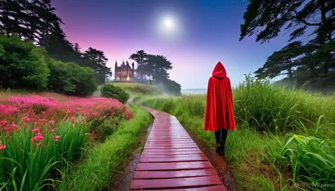 a mystical hdr scene: a beautiful woman, coastal view, wears a red hooded cape, standing on a wet path in the forest standing on...