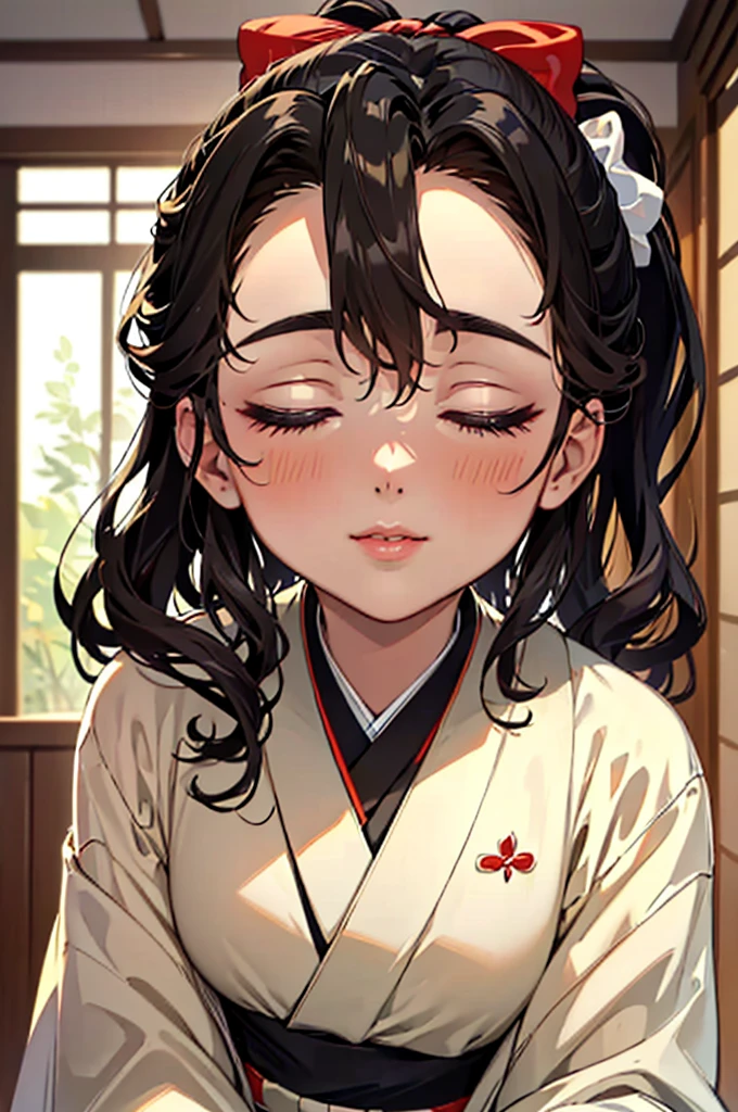 ((((High resolution, Intricate details, masterpiece, 8k, close-up, from front, Full Color)))), (((beautiful, Eyes closed, Focus on the face, incoming kiss, kimono))), ((One Woman, light smile, Red cheeks,)), (Black Hair, Beautiful forehead, Long Hair, ponytail, Big ribbon, Glowing Skin), from front, looking at viewer, look at viewer, indoor,