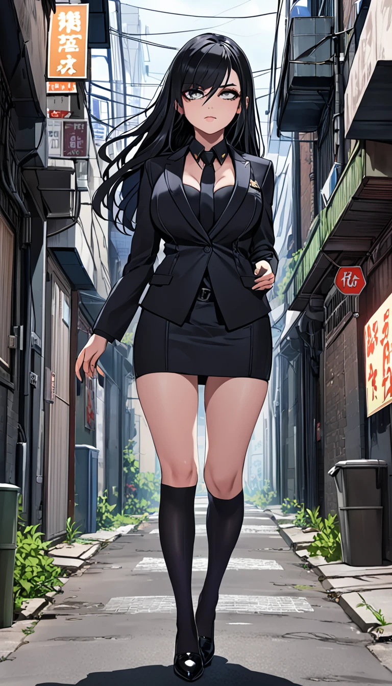 Highest quality、One woman, age 26、policewoman、Black Hair、Long Hair、Hanging eyes、Dark Eyes、Bangs between the eyes、Big Breasts、Black clothing、suit、Micro Mini Skirt、｛Black over-the-knee socks｝、Chest、clavicle、strong、Be vigilant、stand、Low eyebrows、Alley