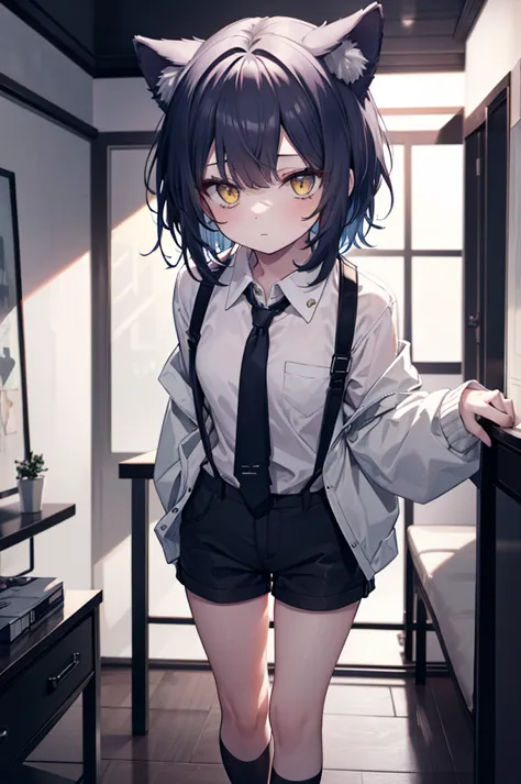 a boy with black hair and cat ears, yellow eyes, straight hair, short hair, shoulder-length hair, wear a collared shirt, shorts,...