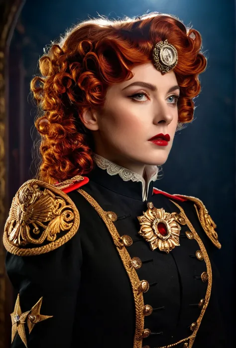 redhead female with a curly high victorian age wig ornate military-style uniform, inceedia coorda, secere woman, rogue trader,go...