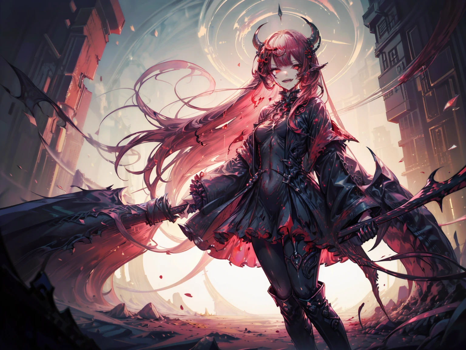 shaded face　、beautiful girl、とてもcute天使、Pink T-shirt、cute、Baby Face、smile、Long skirt、Black long boots、.(Highest quality,4K,High resolution,Masterpiece 1.2),Very detailed,Realistic 1.37,Spooky altar background,Dark fantasy,Red color scheme,Ominous atmosphere,Eye-catching,Storytelling,anatomy,Anime Style,Concept Art,beautiful細部までこだわった顔と (((Red eyes ))),A terrifying ritual ,Satanic Ritual,Premature death,inappropriate behavior,クレイジーなsmile,Scythe Face,Girl Monster, beautiful, Delicate facial features, Sharp Eye, Sharp Fangs, pale skin, Dark Background, Cinema Lighting, Dramatic Shadows, Gothic style, Gloomy atmosphere, Dark fantasy, one person&#39;s, Please open your mouth wide, Open your mouth and baring your teeth,Sharp teeth like a beast, Wide lips, very wide mouth, Vermilion cheeks, ,(Blood splatter1.3),Scary smile, smile,Angel Design, Twisted smile、Bloody、bleeding from the head,,,,,、Blood splatter、,(Blood splatter1.3),skull,Horror Style, ((Fantasy Sweet Ta Frill Pink Costume)), ((Flowing blonde hair)), ,(Blood splatter1.3),Female curves, Sexy flat stomach, Perfect hands, Perfect anime face, (Pink Tata Dress)), Are standing, ((邪悪なsmile)), ,(Blood splatter1.3), Steam circulates, Moonlight Illumination, night lighting, (Blood splatter1.3),アニメAngel Design, Twisted smile、Bloody、bleeding from the head,,,,,、Blood splatter、,(Blood splatter1.3), skull,Gothic architecture、Western architecture、Fantasy World、,Victorian cities, Skeleton Gas Light,Absurd, High resolution、 ((Tabletop)), ((Highest quality)), (Very detailedな), ((Very detailed)), (beautiful), ((cute)), (nfsw1.8), alone,(1.6)、(world&#39;The most terrifying and creepy demon girl 1.5)beautiful face、Whole Body Ezbian、pale, beautiful肌、beautiful金の髪、優しくsmileむ、Dark building ruins、(snow white&#39;Frill dress 1.3)、(The dark ruins are stained with blood 1.3)、Low angle full body shot、(少女は血の海の中にAre standing1.2)、(The ground is .3)、(The girl lost a lot of blood....1.3)、(クレイジーなsmile1.6)、Spirits、(Blood dripping from the mouth 1.3)、
