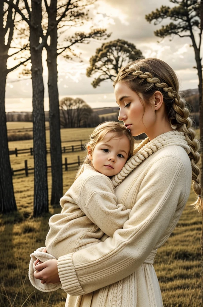 A serene and elegant scene of a mother and her baby dressed in luxurious, cream-colored woolen garments. The mother has intricate, braided hair styled to resemble soft wool, giving her a regal and ethereal appearance. She cradles her baby in her arms, both of them surrounded by fluffy white sheep in a peaceful, natural setting. The background includes a tree and a soft, cloudy sky, creating a calm and pastoral atmosphere with warm, beige tones.