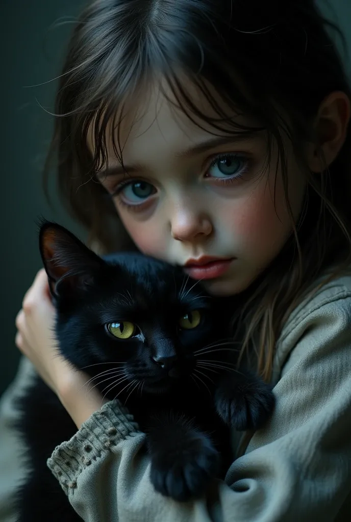 a young girl hugging a black cat, the cat injured after being hit by a car, the cat soaking wet, sad scene, dark shadows, beautiful detailed eyes, beautiful detailed lips, extremely detailed eyes and face, long eyelashes, 1girl, cat, photorealistic, dramatic lighting, chiaroscuro, muted colors, melancholic, emotional, cinematic