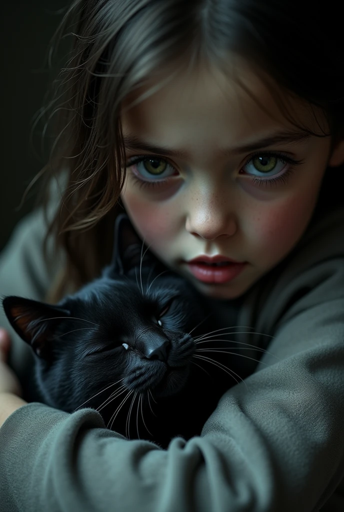 a young girl hugging a black cat, the cat injured after being hit by a car, the cat soaking wet, sad scene, dark shadows, beautiful detailed eyes, beautiful detailed lips, extremely detailed eyes and face, long eyelashes, 1girl, cat, photorealistic, dramatic lighting, chiaroscuro, muted colors, melancholic, emotional, cinematic