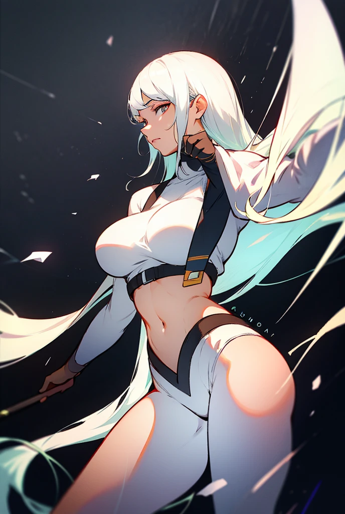 Black background,one color background, background only black, high quality,4k, shadings on character,high resolution, a girl, white  hair, long hair, cold white eyes, no emotions, white sweater crop top, white, white jean,thick eyelashes, white eyelashes,white eyeliner, looking at viewer, standing still, holding a m16 with her two hands, big breasts, character two meters in front of the viewer,