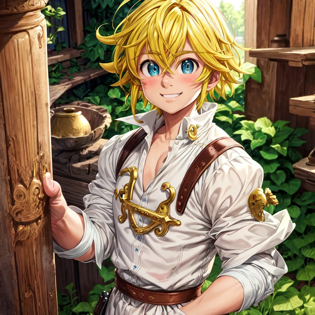 masterpiece, best quality, ultra-detailed, illustration, 1boy, solo, male focus, looking at viewer, upper body, , meliodas_nanatsu_no_taizai, blonde hair, blu eyes, jacketBlue eyes, Blonde Hair, without a shirtBlush, Smile, 