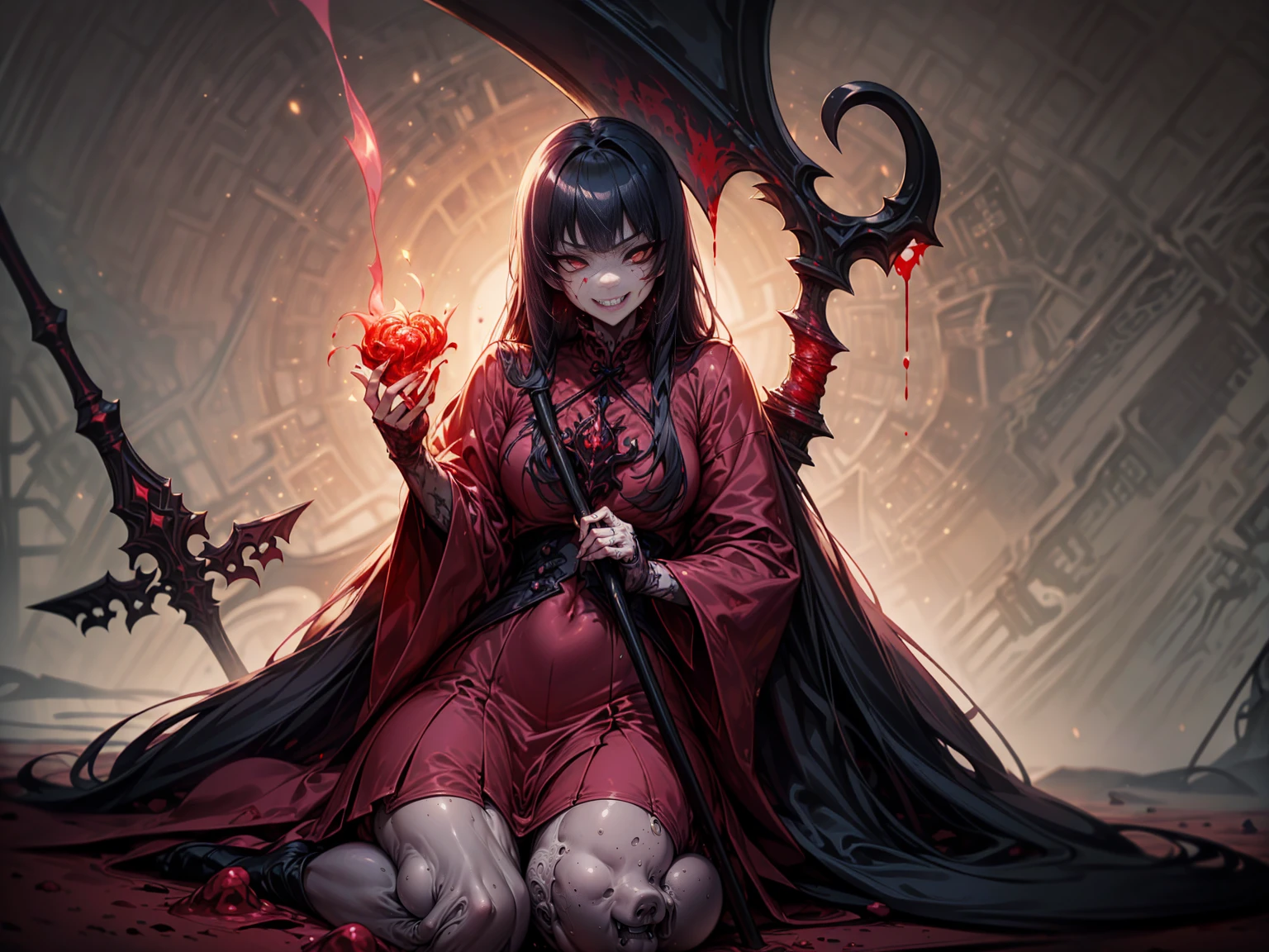 shaded face　、beautiful girl、とてもcute天使、Pink T-shirt、cute、Baby Face、smile、Long skirt、Black long boots、.(Highest quality,4K,High resolution,Masterpiece 1.2),Very detailed,Realistic 1.37,Spooky altar background,Dark fantasy,Red color scheme,Ominous atmosphere,Eye-catching,Storytelling,anatomy,Anime Style,Concept Art,beautiful細部までこだわった顔と (((Red eyes ))),A terrifying ritual ,Satanic Ritual,Premature death,inappropriate behavior,クレイジーなsmile,Scythe Face,Girl Monster, beautiful, Delicate facial features, Sharp Eye, Sharp Fangs, pale skin, Dark Background, Cinema Lighting, Dramatic Shadows, Gothic style, Gloomy atmosphere, Dark fantasy, one person&#39;s, Please open your mouth wide, Open your mouth and baring your teeth,Sharp teeth like a beast, Wide lips, very wide mouth, Vermilion cheeks, ,(Blood splatter1.3),Scary smile, smile,Angel Design, Twisted smile、Bloody、bleeding from the head,,,,,、Blood splatter、,(Blood splatter1.3),skull,Horror Style, ((Fantasy Sweet Ta Frill Pink Costume)), ((Flowing blonde hair)), ,(Blood splatter1.3),Female curves, Sexy flat stomach, Perfect hands, Perfect anime face, (Pink Tata Dress)), Are standing, ((邪悪なsmile)), ,(Blood splatter1.3), Steam circulates, Moonlight Illumination, night lighting, (Blood splatter1.3),アニメAngel Design, Twisted smile、Bloody、bleeding from the head,,,,,、Blood splatter、,(Blood splatter1.3), skull,Gothic architecture、Western architecture、Fantasy World、,Victorian cities, Skeleton Gas Light,Absurd, High resolution、 ((Tabletop)), ((Highest quality)), (Very detailedな), ((Very detailed)), (beautiful), ((cute)), (nfsw1.8), alone,(1.6)、(world&#39;The most terrifying and creepy demon girl 1.5)beautiful face、Whole Body Ezbian、pale, beautiful肌、beautiful金の髪、優しくsmileむ、Dark building ruins、(snow white&#39;Frill dress 1.3)、(The dark ruins are stained with blood 1.3)、Low angle full body shot、(少女は血の海の中にAre standing1.2)、(The ground is .3)、(The girl lost a lot of blood....1.3)、(クレイジーなsmile1.6)、Spirits、(Blood dripping from the mouth 1.3)、
