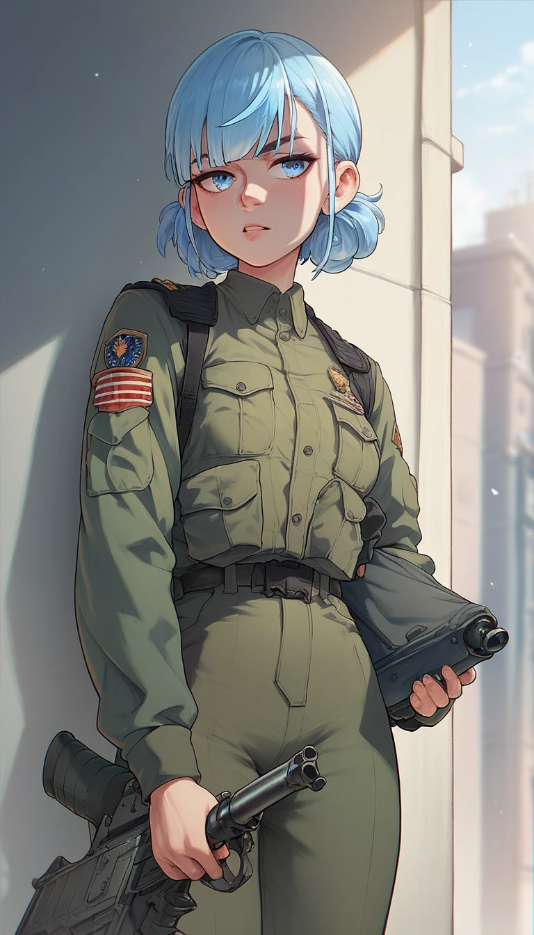 1 girl, short light blue hair with bangs, she is an army colonel, wears tight colonel&#39;s clothes that mark her curves, full body view, vast breasts, muslos grandes, big-ass, Beautiful girl, blue eyes same color as hair, expression of shame, lineart, not colored