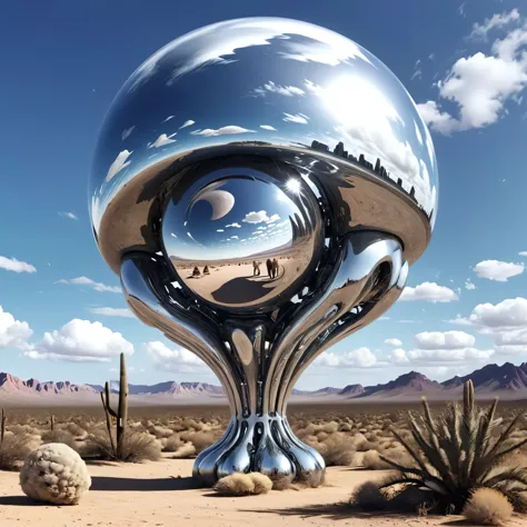 shiny, mirror-polished object art suddenly appearing in the desert, abstract, futuristic, dynamic, (add fantastic futuristic orn...