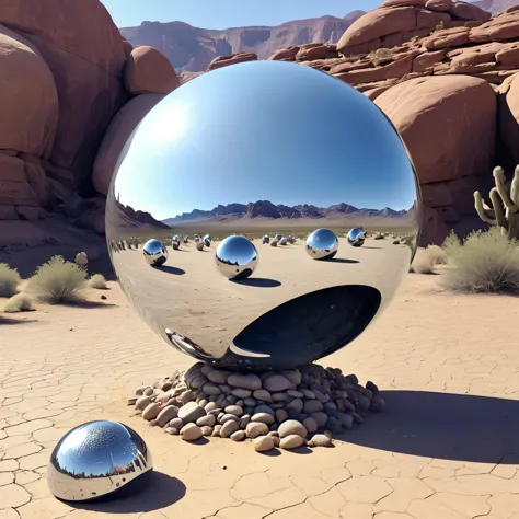 shiny, mirror-polished object art suddenly appearing in the desert, abstract, futuristic, dynamic, (add fantastic futuristic orn...