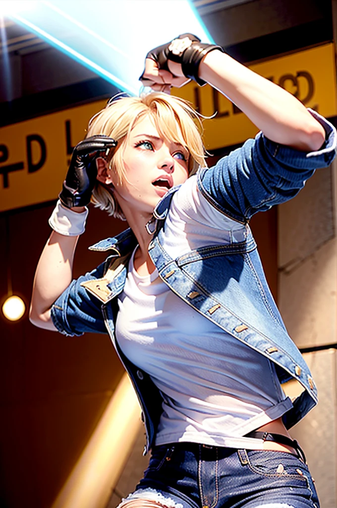 (((1 girl,  cute, denim jacket, white top, jeans, Gloves, blond, short hair, bob hair,  side parted hair, blue eyes))), (((black hair))), 
dynamic poses, manga style, depicting a group of characters in various action scenes, from intense battles to lighthearted moments, with dramatic speed lines and bold sound effects, capturing the excitement and energy of the story, Laser rays from the palm of hand, Attack forward with palm, yellowstone park, Grand Canyon,