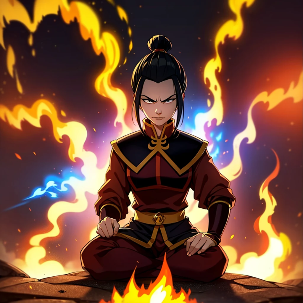 masterpiece, best quality, 1girl, azula, fire nation clothes, tight clothes, slight smirk, azula (avatar the last airbender), solo, black hair, fire, dark, long hair, topknot, serious, closed eyes, meditating, sitting, avatar meditation,, princess azula, eyes open, pure white eyes, Swirling flames and electricity. Red and blue flames