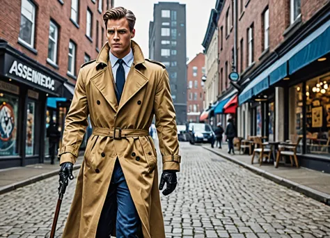 melhor qualidade, rosto visivel dutch angle assimétrico view of a male comic book character walking through a city, trench coat:...