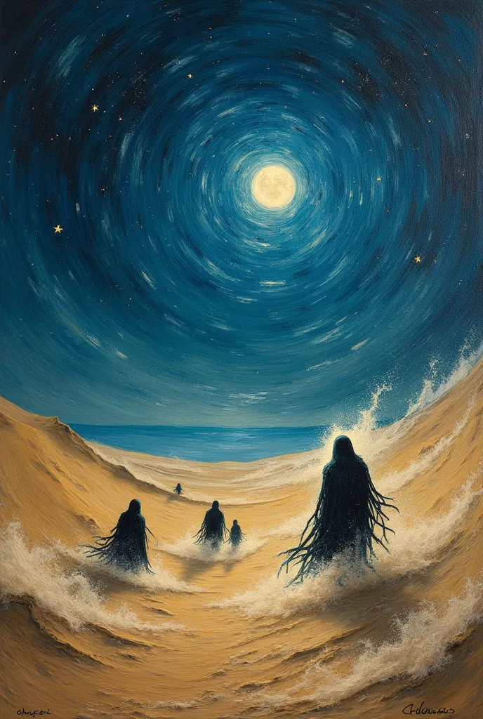 a dramatic desert landscape with a dark, ominous atmosphere, a whirlwind of swirling sand and mist, mysterious shadowy creatures emerging from the wind, a vast moonlit desert under a starry night sky, expressive impressionist brushstrokes, the style of Van Gogh, rich oil painting textures, a rough, tactile quality