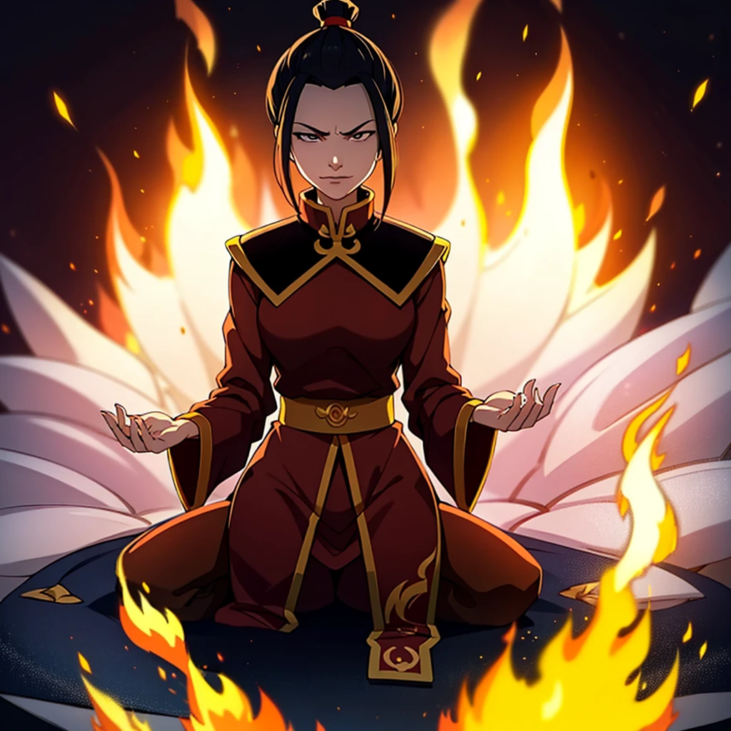 masterpiece, best quality, 1girl, azula, fire nation clothes, tight clothes, slight smirk, azula (avatar the last airbender), solo, black hair, fire, dark, long hair, topknot, serious, closed eyes, meditating, sitting, avatar meditation,, princess azula, eyes open, pure white eyes, Swirling flames and electricity. Red and blue flames