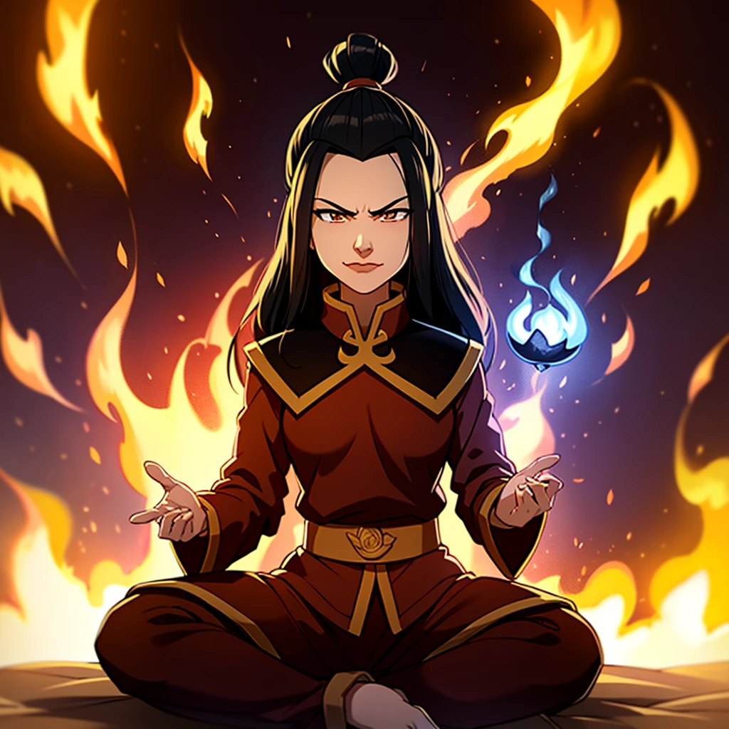 masterpiece, best quality, 1girl, azula, fire nation clothes, tight clothes, slight smirk, azula (avatar the last airbender), solo, black hair, fire, dark, long hair, topknot, serious, closed eyes, meditating, sitting, avatar meditation,, princess azula, eyes open, pure white eyes, Swirling flames and electricity. Red and blue flames