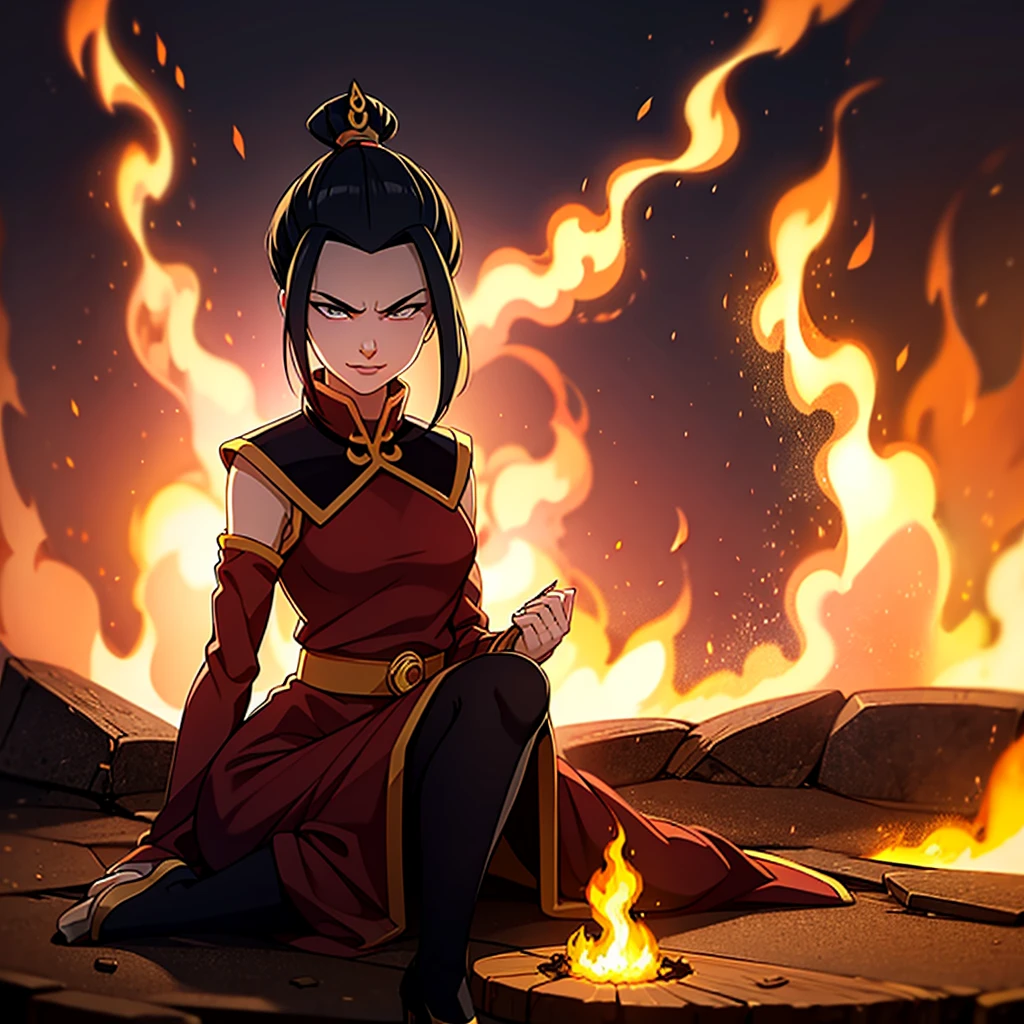 masterpiece, best quality, 1girl, azula, sexy dress, tight, pantyhose, high heels, slight smirk, azula (avatar the last airbender), solo, black hair, fire, dark, long hair, topknot, serious, closed eyes, meditating, sitting, avatar meditation,, princess azula, eyes open, pure white eyes, Swirling flames and electricity. Red and blue flames