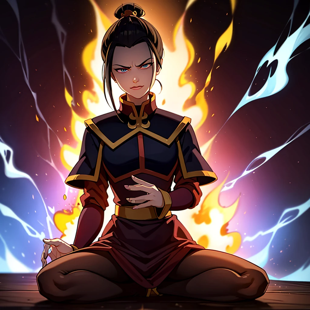 masterpiece, best quality, 1girl, azula, sexy dress, tight, pantyhose, high heels, slight smirk, azula (avatar the last airbender), solo, black hair, fire, dark, long hair, topknot, serious, closed eyes, meditating, sitting, avatar meditation,, princess azula, eyes open, pure white eyes, Swirling flames and electricity. Red and blue flames