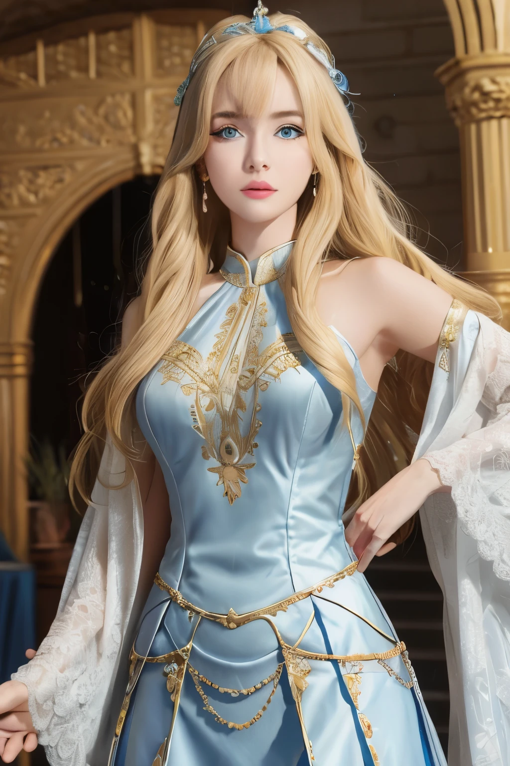 8k，necessary，masterpiece，high details，semi-realistic，1 girl，junior，1，Long blonde hair with bangs covering the right eye，Blue right eye，Jewelry Crown，White gold skirt in coat style，Slim figure，archery，shoot an arrow with a bow